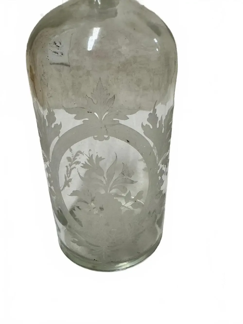 Vintage Etched Clear Glass Decanter Bottle Cork Stopper Metal Ring